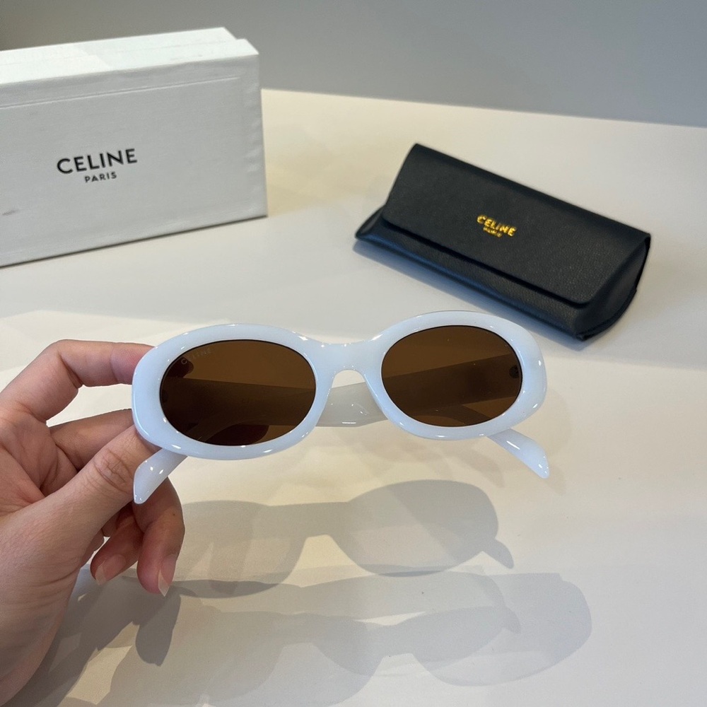 CELINE White Acetate Oval Sunglasses Brown Lens